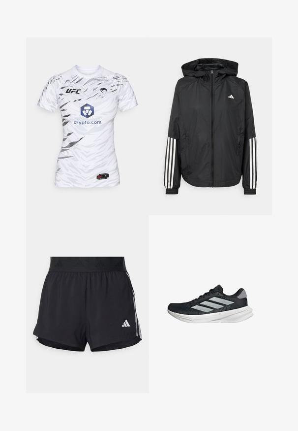 Musta kevyt takki hupparilla, jossa on täysipitkä vetoketju, elastiset hihansuut ja valkoiset kolmonauha-tyyliset yksityiskohdat hihoissa.; Valkoinen lyhythihainen urheilupaita, jossa on geometrinen kuvio. Varustettu UFC-logolla, sinisellä heksagoni-grafiikalla, jossa on "crypto.com"-teksti, sekä mustilla yksityiskohdilla.; Mustat urheilushortsit, joissa on joustava vyötärö, jossa on teksturoitu nauha, sivuraidat ja valkoinen Adidas-logo alahelman kohdalla.; Musta juoksukenkä, jossa on verkko-osa ylhäällä, kolme hopeista raitaa, valkoinen välipohja ja teksturoitu pohja. Varustettu pehmustetulla nilkkaremmeillä ja nauhakiinnityksellä.