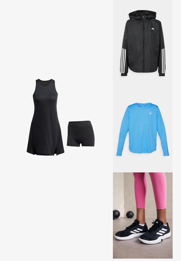 Sort letvægtsjakke med hætte, der har fuld lynlås fortil, elastiske manchetter og hvide tre-stribede detaljer på ærmerne.; Langærmet atletisk skjorte i klar blå farve. Fremstillet af glat, let stof med rund halsudskæring og et lille hvidt logo.; Sort sportskjole med ærmeløs design og sideslids, parret med matchende sorte shorts. Lavet af glat, strækbart stof.; Sorte sportssko med hvide striber, tekstureret mesh-overdel og en hvid sål. Bæres med pink leggings, der fremhæver træningstøj.
