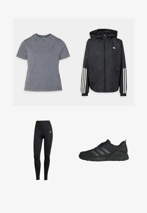 Black lightweight jacket with a hood, featuring a full zip front, elastic cuffs, and white three-stripe accents on sleeves.; Gray cotton t-shirt with a crew neckline, short sleeves, and a small embroidered logo on the chest. Soft texture and casual design.; Black athletic leggings with a high waistband. Made of stretchable fabric featuring a white logo detail on the upper left side.; Black athletic shoes with a mesh upper, featuring three gray stripes, a textured midsole, and a rubber outsole with a unique pattern.