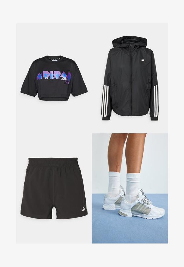 Jachetă ușoară neagră cu glugă, cu fermoar pe întreaga lungime, manșete elastice și accente albe cu trei dungi pe mâneci.; Tricou scurt negru dintr-un material ușor, cu text grafic mare în nuanțe de mov și albastru și elemente de design pe față, cu mâneci scurte.; Șorturi atletice negre, confecționate dintr-un material ușor. Dispun de un talie elastică, buzunar lateral cu fermoar și un logo reflectorizant pe tiv.; Pantofi atletici albi cu un upper din plasă, detalii texturate și accente gri. Șireturile sunt argintii, asortate cu șosete albe cu dungi.