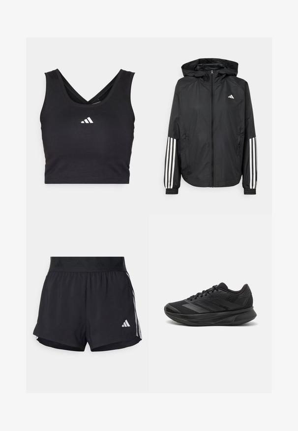 Černá lehká bunda s kapucí, která má plný zip vpředu, elastické manžety a bílé třípruhové akcenty na rukávech.; Černý crop top s výstřihem do V, se zkříženými ramínky na zádech a bílým logem Adidas uprostřed. Vyrobený z lehké látky.; Černé sportovní šortky s elastickým pasem, s texturovaným páskem, bočními pruhy a bílým logem Adidas na dolním lemu.; Černé běžecké boty s prodyšným síťovaným svrškem, kulatou špičkou, elegantním designem, texturovanými detaily a polstrovanou podrážkou pro pohodlí.