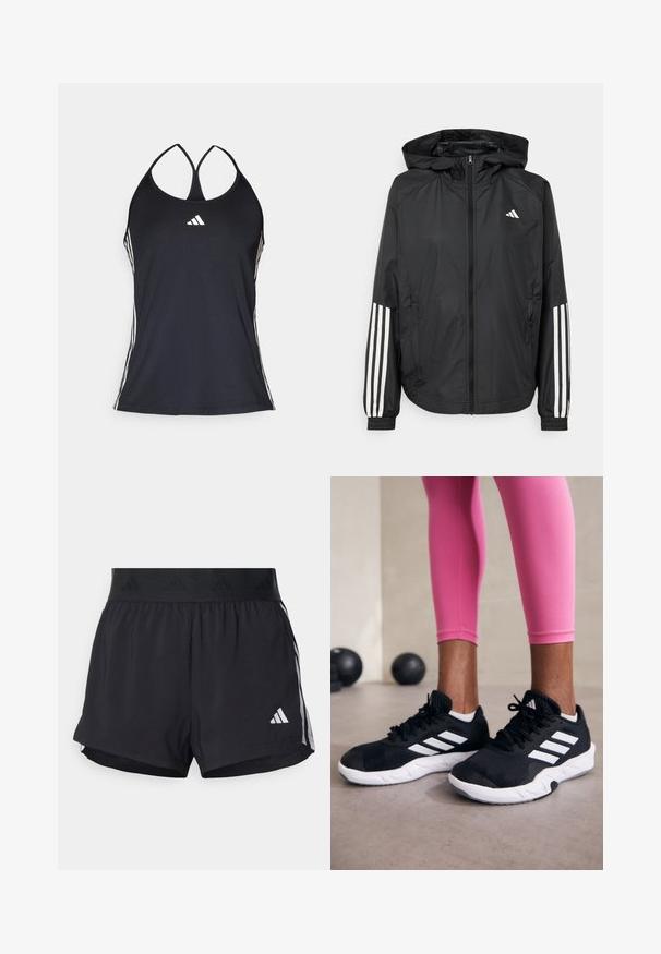Černá lehká bunda s kapucí, která má plný zip vpředu, elastické manžety a bílé třípruhové akcenty na rukávech.; Černý sportovní top s hladké tkaniny. Má tenké ramínka a bílé pruhy po stranách, s malým bílým logem na přední straně.; Černé sportovní šortky s elastickým pasem, s texturovaným páskem, bočními pruhy a bílým logem Adidas na dolním lemu.; Černé sportovní boty s bílými pruhy, texturovaný síťovinový svršek a bílá podrážka. Nosené s růžovými legínami, které předvádějí tréninkové oblečení.