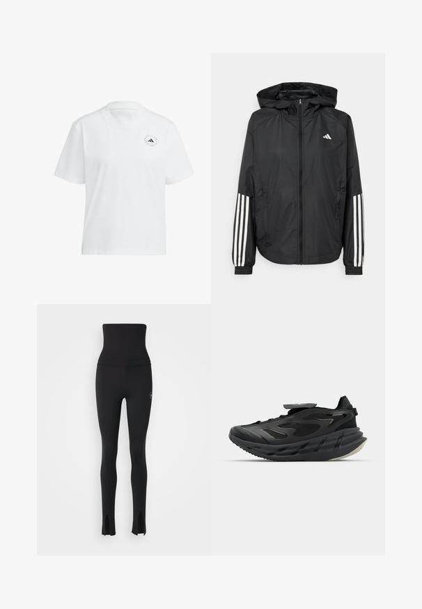 Zwarte lichtgewicht jas met een capuchon, met een volledige ritssluiting aan de voorkant, elastische manchetten en witte accenten met drie strepen op de mouwen.; Witte katoenen t-shirt met een ronde halslijn en korte mouwen. Bevat een klein zwart logo op de linkerborst. Effen kleur, zachte textuur.; adidas by Stella McCartney Tights - black; adidas by Stella McCartney ADISTAR - Trainingsschoen - core black/utility black/almond milk