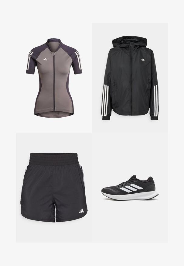 Black lightweight jacket with a hood, featuring a full zip front, elastic cuffs, and white three-stripe accents on sleeves.; Short-sleeve cycling jersey in gray with dark purple accents, front zip closure, and white stripes on shoulders. Made of stretchy fabric.; Black athletic shorts with an elastic waistband, side pockets, and white stripe accents on the sides. Made of lightweight material.; Black athletic shoe featuring mesh upper, round toe, and three white stripes on the side. Lightweight sole with textured rubber outsole for grip.