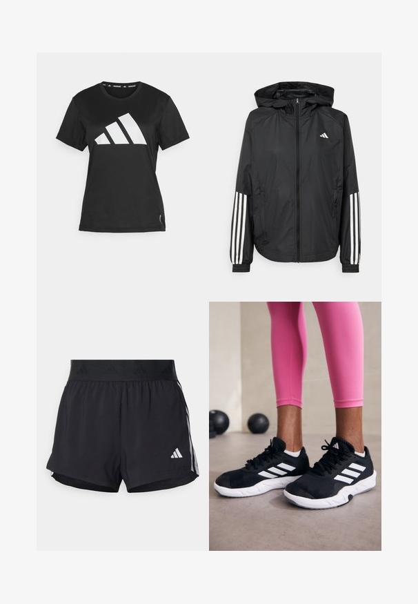 Fekete, könnyű dzseki kapucnival, teljes cipzárral, elasztikus mandzsettákkal és fehér, háromcsíkkal díszített ujjakon.; Fekete sportpóló sima anyagból, elől egy nagy fehér háromcsíkos logóval és címke részletekkel az alján.; Fekete sportnadrág rugalmas derékrésszel, texturált szalagon, oldalsó csíkokkal és fehér Adidas logóval az alsó szélén.; Fekete sportcipők fehér csíkokkal, texturált hálós felsőrésszel és fehér talppal. Rózsaszín leggings-szel viselve, bemutatva az edzőruhákat.