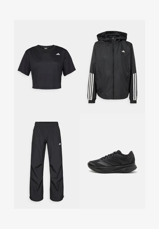 Casaco leve preto com capuz, apresentando um fecho de correr na frente, punhos elásticos e detalhes em branco com três riscas nas mangas.; T-shirt preta curta feita de tecido suave. Apresenta mangas curtas, decote redondo e um pequeno logotipo branco no lado esquerdo da frente.; Calças pretas, leves e à prova d'água, com cintura elástica, bolsos laterais e punhos ajustáveis. Apresenta um logótipo branco na coxa esquerda.; Sapatilha de corrida preta com parte superior em malha respirável, bico arredondado, design elegante, detalhes texturizados e sola acolchoada para conforto.