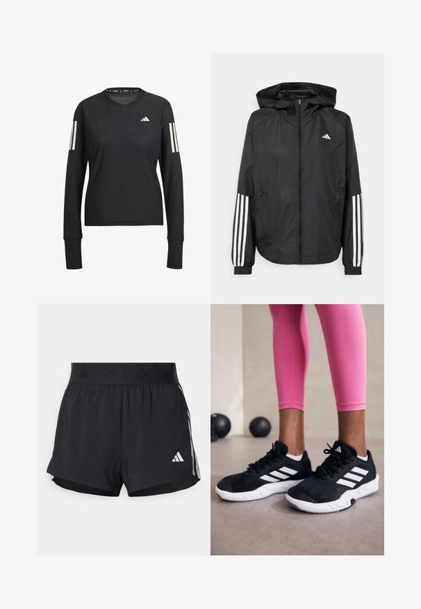 Schwarze, leichte Jacke mit Kapuze, die einen durchgehenden Reißverschluss, elastische Bündchen und weiße dreistreifige Akzente an den Ärmeln aufweist.; Schwarzes, langärmliges Sportshirt mit Rundhalsausschnitt, aus leichtem Material gefertigt. Verfügt über drei weiße Streifen an jedem Ärmel und ein Logo.; Schwarze Sportshorts mit einem elastischen Bund, ausgestattet mit einem strukturierten Band, seitlichen Streifen und einem weißen Adidas-Logo am unteren Saum.; Schwarze Sportschuhe mit weißen Streifen, strukturiertem Mesh-Obermaterial und einer weißen Sohle. Kombiniert mit pinken Leggings, die Trainingsbekleidung zur Schau stellen.