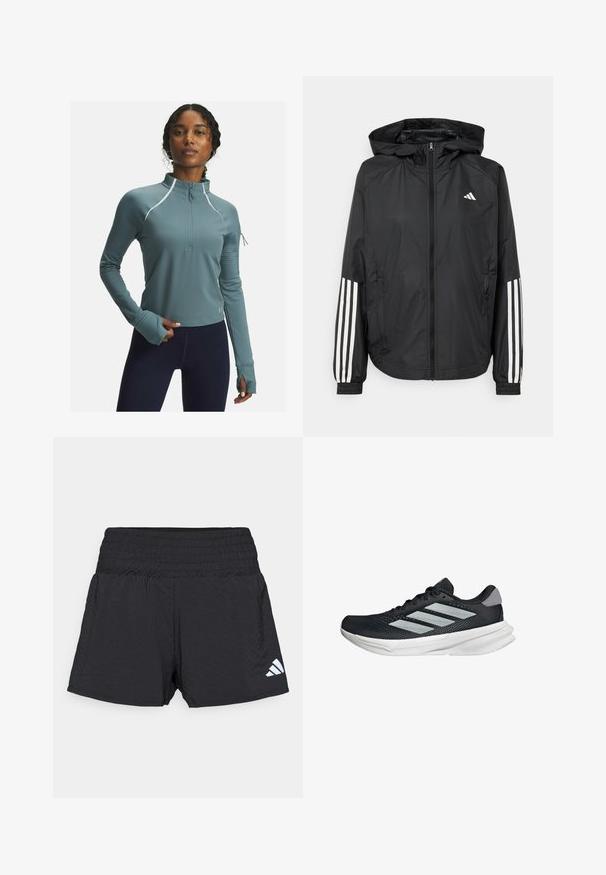 Černá lehká bunda s kapucí, která má plný zip vpředu, elastické manžety a bílé třípruhové akcenty na rukávech.; Tyrkysový sportovní pulovr s polovičním zipem, límečkem a dlouhými rukávy. Texturované manžety na rukávech a reflektivní detaily zvyšují viditelnost a styl.; Černé sportovní šortky s elastickým pasem a strukturovanou tkaninou. Na pravé dolní straně je bílé logo.; Černé běžecké boty s vrchní částí z prodyšné síťoviny, třemi stříbrnými pruhy, bílou mezipodešví a texturovanou podešví. Obsahují polstrovaný límec a šněrování.
