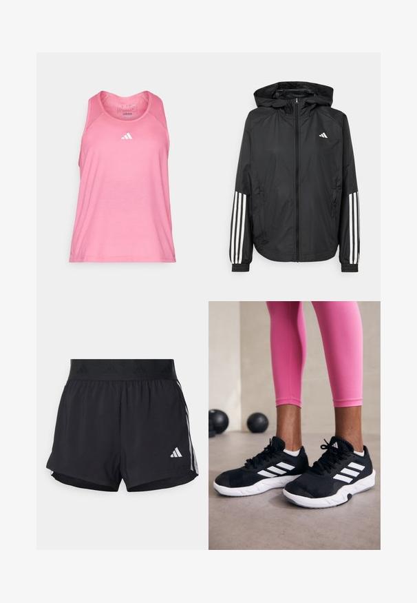 Čierna ľahká bunda s kapucňou, s celoprsným zipsom, elastickými manžetami a bielymi trojprúžkovými akcentmi na rukávoch.; Ružový bezrukávový športový top s okrúhlym výstrihom, vyrobený z ľahkého materiálu, s malým bielym logom Adidas na prednej strane.; Čierne športové šortky s elastickým pásom, ktorý má textúrovanú pruh, bočné pruhy a biely logo Adidas na dolnom leme.; Čierne atletické topánky s bielymi pruhmi, textúrovaný sieťovaný zvršok a biela podrážka. Nosené s ružovými legínami, ukazujúce tréningové oblečenie.