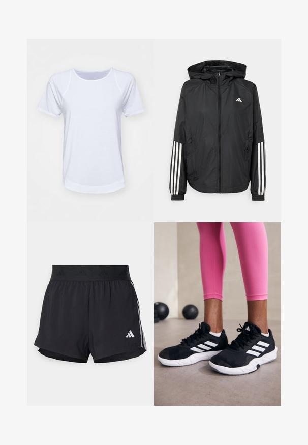Melnā vieglā jaka ar kapuci, ar pilnu rāvējslēdzēju priekšā, elastīgām aprocēm un baltām trīs svītru akcentiem uz piedurknēm.; Balts īsām piedurknēm T-krekls ar apaļu kakla izgriezumu, kas veidots no gludas kokvilnas auduma un ar noapaļotu apakšmalu. Nav redzamu rakstu vai akcentu.; Melni sporta šorti ar elastīgu jostu, ar teksturētu joslu, sānu svītrām un baltu Adidas logo apakšējā malu.; Melnas sporta kurpes ar baltām svītrām, teksturēta sieta augšdaļa un balta zole. Nēsātas ar rozā legingiem, demonstrējot treniņu apģērbu.