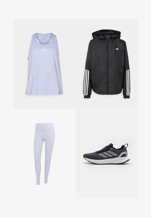 Black lightweight jacket with a hood, featuring a full zip front, elastic cuffs, and white three-stripe accents on sleeves.; Light purple athletic tank top with a racerback design. Features a small white Adidas logo on the chest. Made of smooth, breathable fabric.; Light purple leggings made of stretchy fabric. High-waisted design with a smooth texture and no visible seams or patterns.; Black athletic shoe with mesh upper, white midsole, textured rubber outsole, and three grey stripes on the side. Features laces and a pull tab.