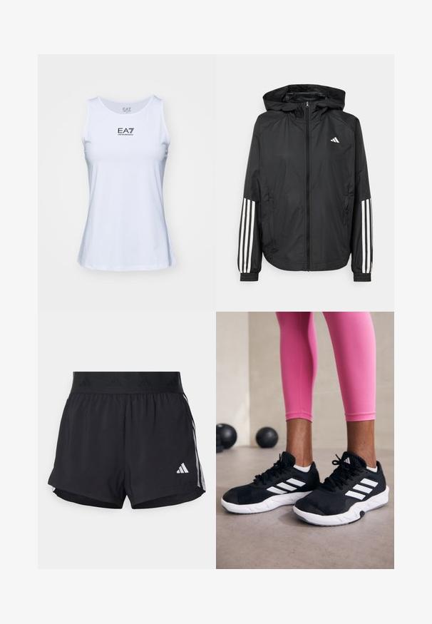 Giacca leggera nera con cappuccio, caratterizzata da una zip frontale completa, polsini elastici e accenti bianchi a tre strisce sulle maniche.; Canotta bianca senza maniche realizzata in tessuto liscio, presenta un logo stampato in nero davanti e ha un collo rotondo.; Pantaloni sportivi neri con cintura elasticizzata, dotati di una banda testurizzata, strisce laterali e un logo Adidas bianco sull'orlo inferiore.; Scarpe da ginnastica nere con strisce bianche, parte superiore in mesh testurizzato e suola bianca. Indossate con leggings rosa, a mostrare abbigliamento per l'allenamento.