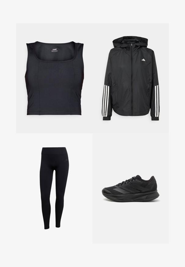 Schwarze, leichte Jacke mit Kapuze, die einen durchgehenden Reißverschluss, elastische Bündchen und weiße dreistreifige Akzente an den Ärmeln aufweist.; Schwarzes sportliches Cropped-Top, aus glattem Stoff gefertigt, mit runder Ausschnittform, ärmellosem Design und dezenten Steppdetails.; Schwarze sportliche Leggings aus dehnbarem Stoff, mit hohem Bund, enganliegendem Schnitt und gerippten Knöchelbündchen. Subtiles Markenlogo.; Schwarzer Laufschuh mit einem atmungsaktiven Mesh-Obermaterial, runder Zehenpartie, schlankem Design, strukturierten Akzenten und einer gepolsterten Sohle für Komfort.