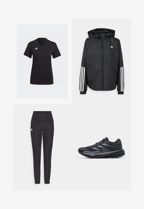Black lightweight jacket with a hood, featuring a full zip front, elastic cuffs, and white three-stripe accents on sleeves.; Black Adidas t-shirt featuring a V-neck design, short sleeves, and a white logo on the left chest area. Made from soft fabric.; Black high-waisted leggings made of stretchy fabric. Features a white logo on the left side and sleek, seamless design. Smooth texture.; Black athletic shoe with a textured mesh upper, reflective accents, cushioned sole, and a streamlined design. Features three stripe logo.