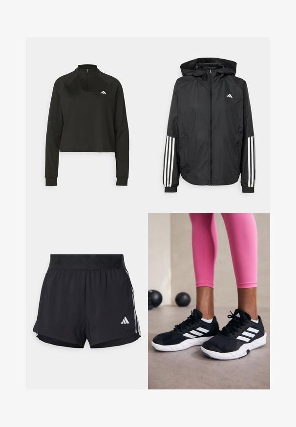 Schwarze, leichte Jacke mit Kapuze, die einen durchgehenden Reißverschluss, elastische Bündchen und weiße dreistreifige Akzente an den Ärmeln aufweist.; Schwarzer Pullover mit Viertelreißverschluss aus glattem Stoff, langärmlig, mit hohem Kragen und einem weißen Logo auf der linken Brust.; Schwarze Sportshorts mit einem elastischen Bund, ausgestattet mit einem strukturierten Band, seitlichen Streifen und einem weißen Adidas-Logo am unteren Saum.; Schwarze Sportschuhe mit weißen Streifen, strukturiertem Mesh-Obermaterial und einer weißen Sohle. Kombiniert mit pinken Leggings, die Trainingsbekleidung zur Schau stellen.