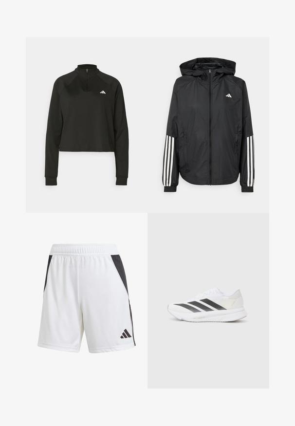 Casaco leve preto com capuz, apresentando um fecho de correr na frente, punhos elásticos e detalhes em branco com três riscas nas mangas.; Pullover preto de fecho de correr de um quarto, feito de um tecido suave com mangas longas, apresentando uma gola alta e um logotipo branco no lado esquerdo do peito.; Calções de atletismo brancos com um painel lateral preto, feitos de um tecido leve. Apresentam uma cintura elástica e um logotipo preto da Adidas na parte inferior da perna.; Shoe atlético branco com riscas diagonais pretas, parte superior em malha, bico arredondado e sola texturizada. Os destaques incluem um calcanhar prateado e um design minimalista.
