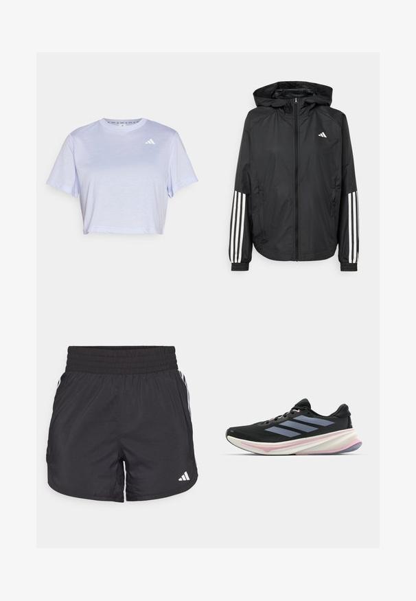 Mustikas kerge jope kapuutsiga, eesmise täispika zipiga, elastsete varrukate ja valgete kolme triibu aktsentidega varrukatel.; Lühikeste varrukatega lühikeses t-särgis heledas lavendlis, valmistatud pehmest kangast. Esiküljel on vasakus ülanurgas väike valge logo.; Mustad mustriga mustad sportlikud lühikesed püksid elastse värviga, küljetaskud ja valged triibud külgedel. Valmistatud kerge materjali sisu.; Musts jooksujalanõud, millel on võrgusilmast ülemine osa, heledad lillad aktsendid ja kolm horisontaalset halli triipu. Omab mugavat polsterdatud tallat.