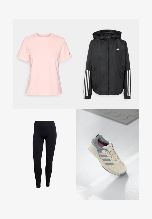 Černá lehká bunda s kapucí, která má plný zip vpředu, elastické manžety a bílé třípruhové akcenty na rukávech.; Světle růžové tričko s krátkým rukávem vyrobené z bavlny, se malým vyšitým logem na hrudi a logem na rukávu.; Černé sportovní legíny vyrobené z elastického materiálu, s vysokým pasem, přiléhavým střihem a ribovanými manžetami na kotnících. Discrete logo značky.; Béžová sportovní obuv se šedými akcenty, síťovanou svrchní částí a strukturovanou podrážkou. Má tři šedé pruhy a růžové vnitřní detaily.