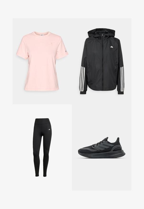 Black lightweight jacket with a hood, featuring a full zip front, elastic cuffs, and white three-stripe accents on sleeves.; Light pink short-sleeve t-shirt made of cotton, featuring a small embroidered logo on the chest and a logo accent on the sleeve.; Black athletic leggings with a high waistband. Made of stretchable fabric featuring a white logo detail on the upper left side.; Black athletic shoes with a mesh upper, textured panels, three stripes detail, and a curved sole labeled "LIGHT BOOST."