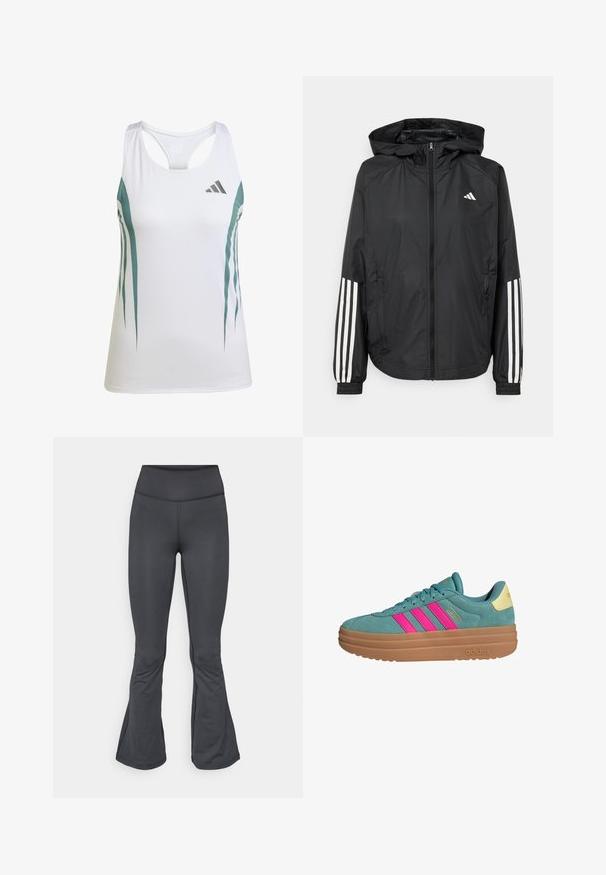 Zwarte lichtgewicht jas met een capuchon, met een volledige ritssluiting aan de voorkant, elastische manchetten en witte accenten met drie strepen op de mouwen.; Witte sportieve tanktop met teal accenten en een geometrisch patroon. Beschikt over een racerback ontwerp en een lichte, gestructureerde stof.; Grijze legging met een uitlopende onderkant, gemaakt van gladde, rekbare stof, met een hoge taille en naadloze constructie.; Blauwe suède sneaker met roze drie strepen, gumzool en een lichtgele accenten bij de hak. Heeft een plat ontwerp en een ronde neus.