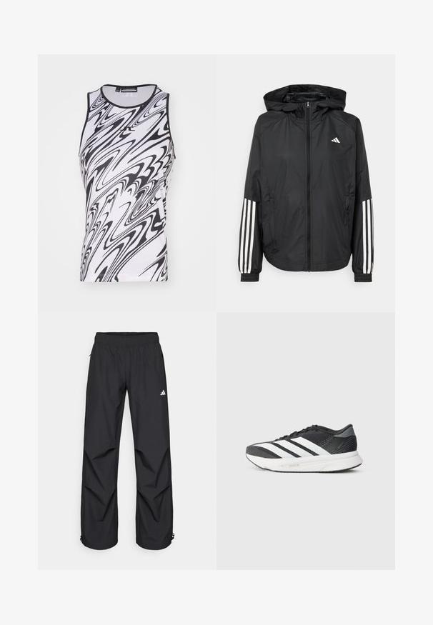 Čierna ľahká bunda s kapucňou, s celoprsným zipsom, elastickými manžetami a bielymi trojprúžkovými akcentmi na rukávoch.; Bezrukávový top s čierno-bielym mramorovým vzorom, vyrobený z ľahkej látky s okrúhlym výstrihom a plochými švami pre pohodlie.; Čierne, ľahké, nepremokavé nohavice s elastickým pásom, bočnými vreckami a nastaviteľnými manžetami. Na ľavom stehne sa nachádza biele logo.; Čierna športová obuv s bielymi pruhmi, priedušný zvršok, mäkčená podrážka a elegantný dizajn. Na päte a jazyku sú akcenty sivej farby.