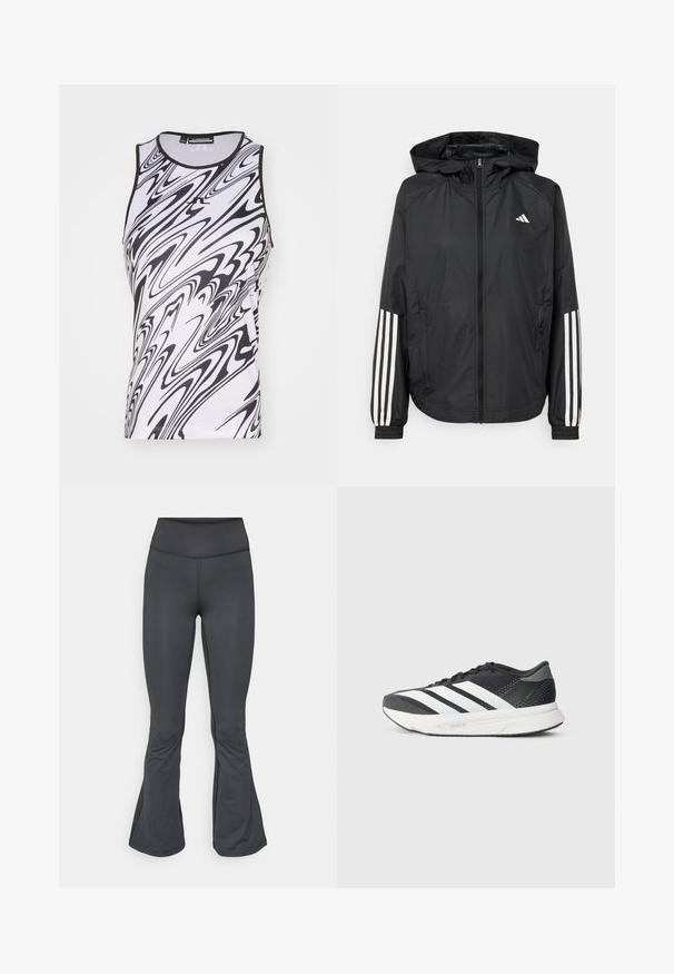 Fekete, könnyű dzseki kapucnival, teljes cipzárral, elasztikus mandzsettákkal és fehér, háromcsíkkal díszített ujjakon.; Ujjatlan felső fekete-fehér örvény mintával, könnyű anyagból készült, kerek nyakkivágással és lapos varrásokkal a kényelem érdekében.; Szürke leggings, harang alakú szegéllyel, sima, rugalmas anyagból készült, magas derékkal és varrat nélküli kivitelben.; Fekete sportcipő fehér csíkokkal, hálós felsőrésszel, párnázott talppal és karcsú kialakítással. Szürke hangsúlyok a sarokrészen és a nyelvén.
