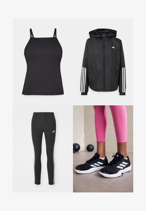 Černá lehká bunda s kapucí, která má plný zip vpředu, elastické manžety a bílé třípruhové akcenty na rukávech.; Černý top na ramínka z jemného materiálu. Má přiléhavý střih a rovný lem, bez vzorů nebo dalších detailů.; Černé legíny vyrobené z elastického materiálu s bílými bočními pruhy a malým reflexním logem na horní levé straně.; Černé sportovní boty s bílými pruhy, texturovaný síťovinový svršek a bílá podrážka. Nosené s růžovými legínami, které předvádějí tréninkové oblečení.