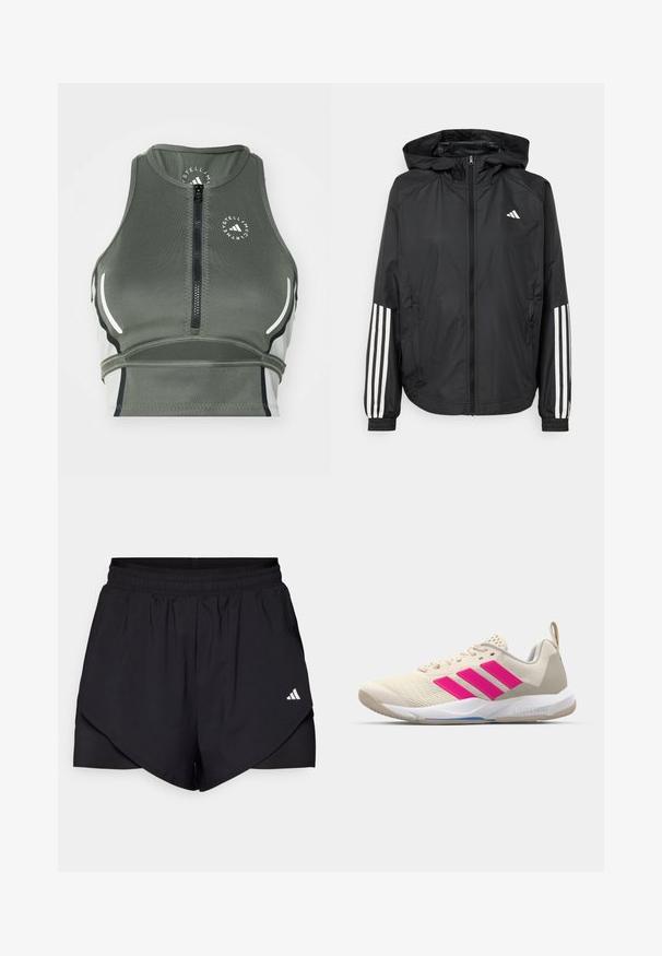 Chaqueta ligera negra con capucha, que cuenta con un cierre frontal de cremallera completa, puños elásticos y acentos blancos de tres rayas en las mangas.; Top corto deportivo verde hecho de tejido elástico, con cremallera frontal, diseño ligero, acentos blancos y un logo redondo.; Pantalones cortos atléticos negros con un diseño en capas, confeccionados en tela ligera. Presentan una cintura elástica y un pequeño logo blanco en el costado.; Zapatilla deportiva beige con logo de tres rayas rosa, parte superior de malla texturizada, cuello acolchado y suela de goma blanca, con la marca "LIGHTSTRIKE".