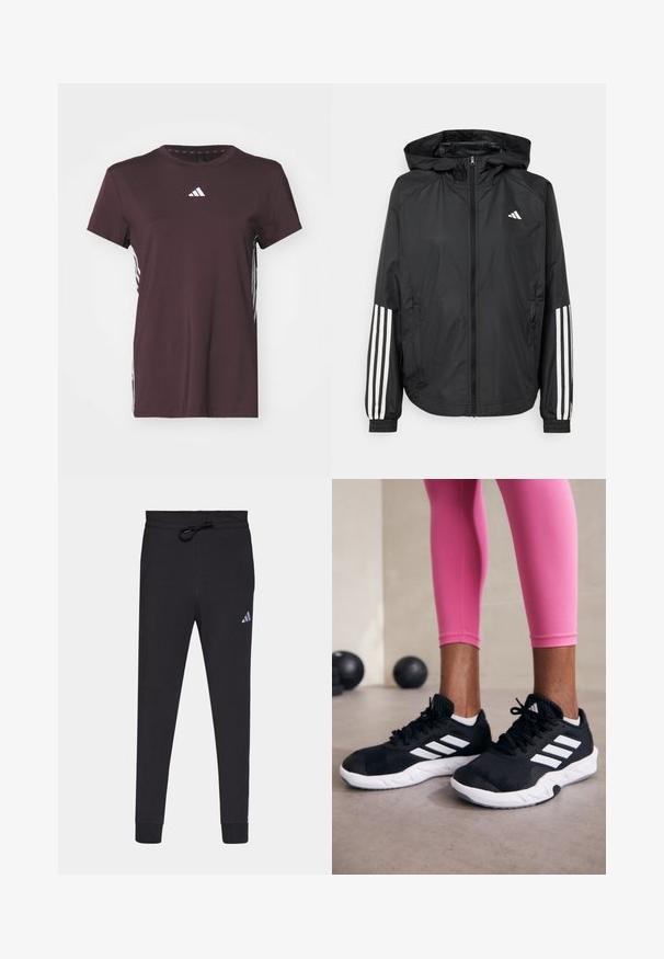 Svart lett jakke med hette, med full glidelås foran, elastiske mansjetter og hvite tre-stripes detaljer på ermene.; adidas Performance T-skjorte til trening - shadow brown/white; Sorte treningsbukser laget av myk stoff, med snøring i livet, smalere ben og en liten hvit Adidas-logo på venstre lår.; Svarte treningssko med hvite striper, teksturert mesh-overdel og hvit såle. Brukt med rosa leggings, som viser frem treningsklær.