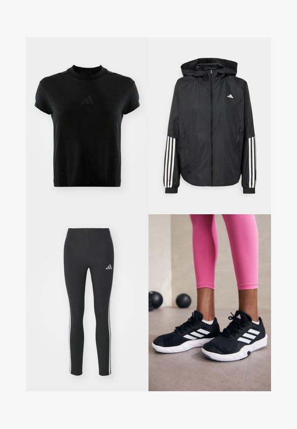 Casaco leve preto com capuz, apresentando um fecho de correr na frente, punhos elásticos e detalhes em branco com três riscas nas mangas.; T-shirt preta de manga curta feita de tecido liso. Apresenta um decote redondo e um logótipo da Adidas em relevo na parte da frente.; Leggings pretos feitos de material elástico com riscas brancas laterais e um pequeno logo refletor no canto superior esquerdo.; Sapatos de treino pretos com riscas brancas, parte superior em malha texturizada e sola branca. Usados com leggings cor-de-rosa, destacando roupa de treino.