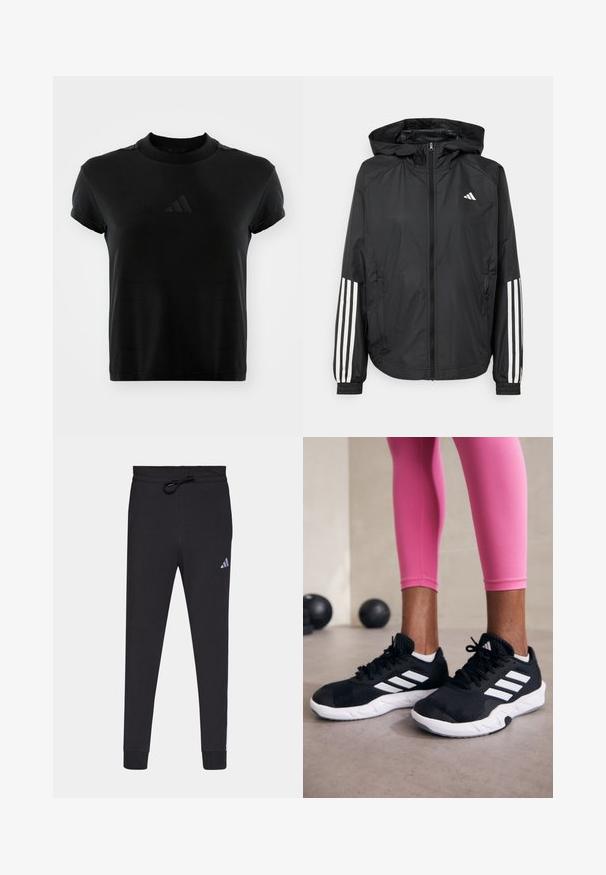 Casaco leve preto com capuz, apresentando um fecho de correr na frente, punhos elásticos e detalhes em branco com três riscas nas mangas.; T-shirt preta de manga curta feita de tecido liso. Apresenta um decote redondo e um logótipo da Adidas em relevo na parte da frente.; Calças atléticas pretas feitas de tecido macio, com uma cintura ajustável por cordão, pernas afuniladas e um pequeno logótipo branco da Adidas na coxa esquerda.; Sapatos de treino pretos com riscas brancas, parte superior em malha texturizada e sola branca. Usados com leggings cor-de-rosa, destacando roupa de treino.