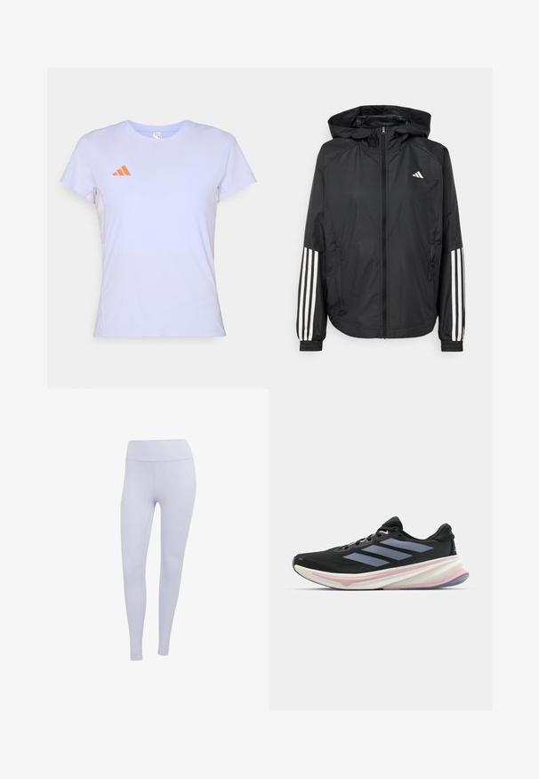 Czarna, lekka kurtka z kapturem, z pełnym zapięciem na zamek, elastycznymi mankietami i białymi, trzema paskami na rękawach.; Jasnofioletowa koszulka sportowa wykonana z tkaniny syntetycznej, z okrągłym dekoltem i krótkimi rękawami, z pomarańczowym logo Adidas na piersi.; Jasnofioletowe legginsy wykonane z rozciągliwego materiału. Wysoki stan z gładką teksturą i bez widocznych szwów czy wzorów.; Czarny but biegowy z siateczkową cholewką, jasnofioletowymi akcentami i trzema poziomymi szarymi paskami. Posiada wyściełaną podeszwę dla komfortu.
