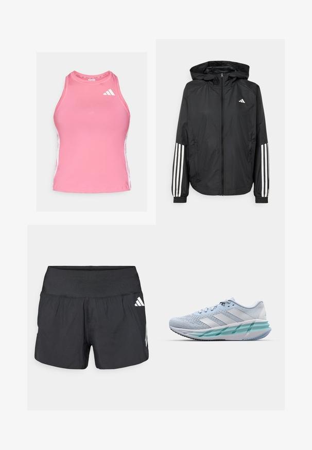 Black lightweight jacket with a hood, featuring a full zip front, elastic cuffs, and white three-stripe accents on sleeves.; Pink athletic tank top with a high neckline, made from smooth fabric. Features white side stripes and a small white logo on the chest.; Black athletic shorts featuring a wide elastic waistband, lightweight fabric, and white logo accents on the lower side.; Light blue athletic shoes with a textured knit upper, white accents, and a transparent green midsole. Rounded toe and padded collar.