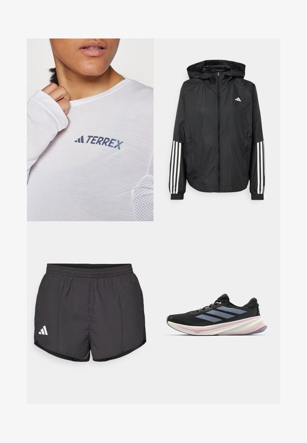 Jachetă ușoară neagră cu glugă, cu fermoar pe întreaga lungime, manșete elastice și accente albe cu trei dungi pe mâneci.; Cămașă albă cu mânecă lungă, având un logo albastru "TERREX". Materialul este ușor, cu accente din plasă texturată pe umeri.; Pantaloni scurți atletici negri, confecționați dintr-un material ușor, cu un brâu elastic și un logo alb Adidas pe partea stângă jos.; Pantofi sport negri cu partea superioară din plasă, cu dungi gri, o talpă intermediară albă cu accente roz și o talpă exterioară texturată.