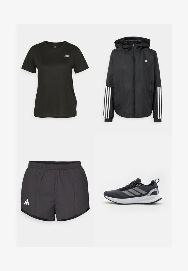Svart lett jakke med hette, med full glidelås foran, elastiske mansjetter og hvite tre-stripes detaljer på ermene.; Svart t-skjorte med korte ermer laget av glatt stoff, med rund hals og et reflekterende hvitt logo på venstre bryst.; Svart treningsshorts laget av lett materiale, med elastisk midje og en hvit Adidas-logo nederst til venstre.; Svart atletisk sko med nettingoverdel, hvit mellomsåle, strukturert gummisåle og tre grå striper på siden. Har lisser og en hempe.