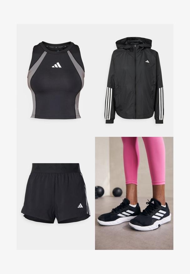 Čierna ľahká bunda s kapucňou, s celoprsným zipsom, elastickými manžetami a bielymi trojprúžkovými akcentmi na rukávoch.; Čierny športový tielko s šedými bočnými panelmi. Má okrúhly výstrih a biele logo adidas v oblasti hrudníka. Vyrobené z elastického materiálu.; Čierne športové šortky s elastickým pásom, ktorý má textúrovanú pruh, bočné pruhy a biely logo Adidas na dolnom leme.; Čierne atletické topánky s bielymi pruhmi, textúrovaný sieťovaný zvršok a biela podrážka. Nosené s ružovými legínami, ukazujúce tréningové oblečenie.