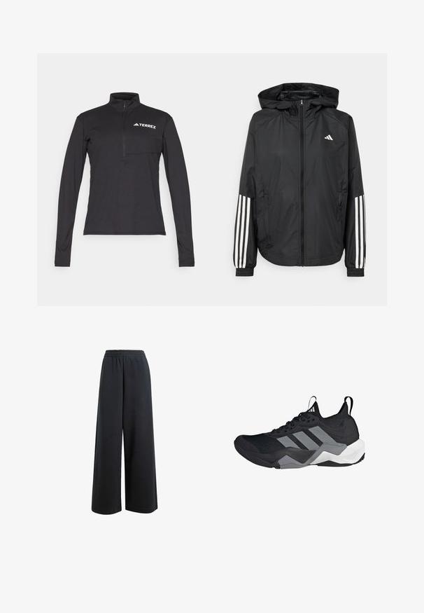 Svart lätt jacka med huva, som har full dragkedja framtill, elastiska ärmslut och vita tre-stripes accenter på ärmarna.; Svart långärmad tröja med kvartslång dragkedja, har en framficka och vit "TERREX"-logotyp på bröstet. Slät, lättviktig tyg.; Svarta vida byxor med resår i midjan, gjorda av ett mjukt tyg. De har en avslappnad passform utan synliga fickor eller mönster.; Svart löparskor med ett ventilerande nätöverdela, grå accenter, strukturerad sula och tre distinkta ränder på sidan.