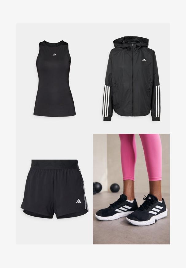 Black lightweight jacket with a hood, featuring a full zip front, elastic cuffs, and white three-stripe accents on sleeves.; Black sleeveless athletic top made of smooth fabric. Features a round neckline and a small white Adidas logo on the chest.; Black athletic shorts with an elastic waistband, featuring a textured band, side stripes, and a white Adidas logo on the lower hem.; Black athletic shoes with white stripes, textured mesh upper, and a white sole. Worn with pink leggings, showcasing training apparel.