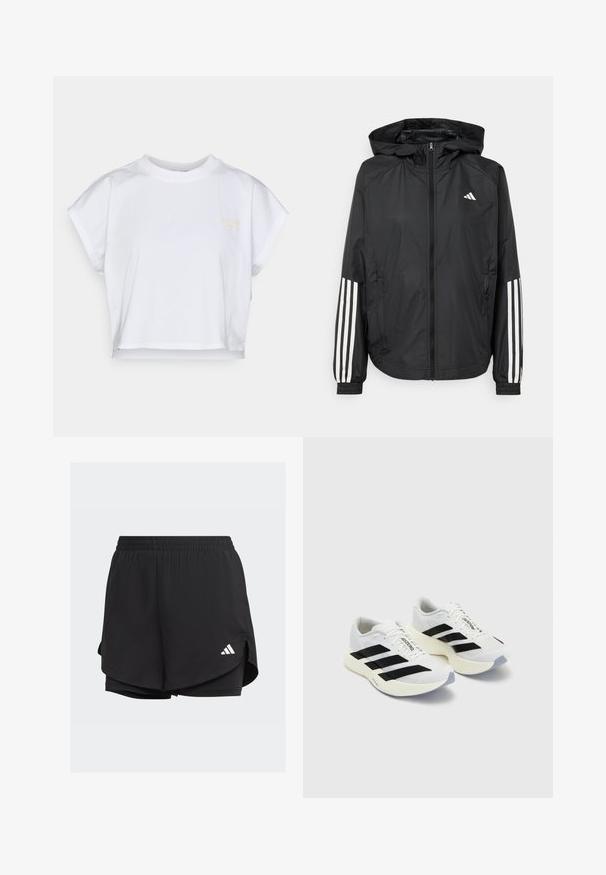 Chaqueta ligera negra con capucha, que cuenta con un cierre frontal de cremallera completa, puños elásticos y acentos blancos de tres rayas en las mangas.; Camiseta corta blanca de algodón, con cuello redondo, mangas cortas y un pequeño logo amarillo en la parte delantera. Diseño plano, sin patrones.; Pantalones cortos deportivos negros con cintura elástica, diseño en capas, pantalones cortos interiores ajustados y un logo blanco en la parte inferior izquierda.; Zapatillas deportivas blancas con rayas y logotipo en negro, que cuentan con una parte superior de malla, puntera redondeada y una suela gruesa color crema para mayor amortiguación.
