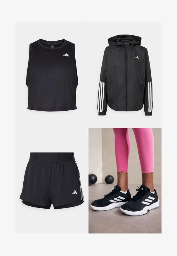 Juodas lengvas džemperis su gobtuvu, turi pilną užtrauktuką priekyje, elastingas rankovių gumytes ir baltus tris juostų akcentus ant rankovių.; Juodas be rankovių treniruočių trumpas viršus, pagamintas iš lygios medžiagos, su apvaliu kaklu ir mažą baltą logotipo akcentą prie peties.; Juodos sportinės šortai su elastinga juosta, su tekstūruota juosta, šoninėmis juostelėmis ir baltu Adidas logotipu apatinėje dalyje.; Juodi sportiniai bateliai su baltais dryžiais, tekstūruota tinklinė viršutinė dalis ir balti padai. Dėvimi su rožiniais leggingais, demonstruojant treniruočių aprangą.