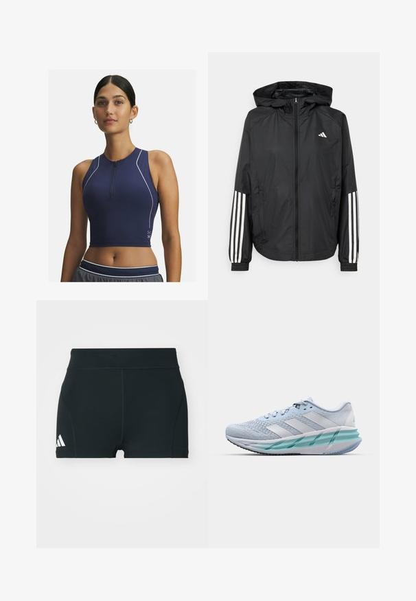 Giacca leggera nera con cappuccio, caratterizzata da una zip frontale completa, polsini elastici e accenti bianchi a tre strisce sulle maniche.; Top sportivo corto blu navy con mezza zip, design senza maniche, texture perforata per la traspirabilità e cuciture di accento bianche.; Pantaloni sportivi neri realizzati in tessuto elasticizzato, con vita alta, forma aderente e logo Adidas bianco sul lato sinistro.; Scarpe da ginnastica azzurro chiaro con tomaia in maglia testurizzata, accenti bianchi e suola intermedia verde trasparente. Punta rotonda e colletto imbottito.