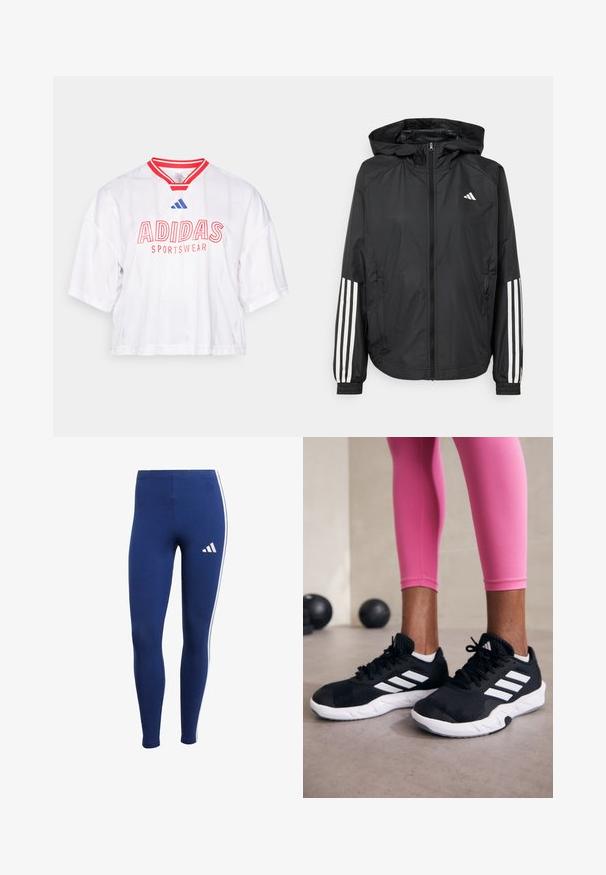 Casaco leve preto com capuz, apresentando um fecho de correr na frente, punhos elásticos e detalhes em branco com três riscas nas mangas.; Jersey curto branco com detalhes e riscas em vermelho, apresentando "ADIDAS SPORTSWEAR" em letras vermelhas em negrito e um detalhe do logótipo azul na gola.; Leggings azul-marinho com riscas laterais brancas e um logo da marca na parte inferior da perna. Feitos de material elástico para conforto e liberdade de movimento.; Sapatos de treino pretos com riscas brancas, parte superior em malha texturizada e sola branca. Usados com leggings cor-de-rosa, destacando roupa de treino.