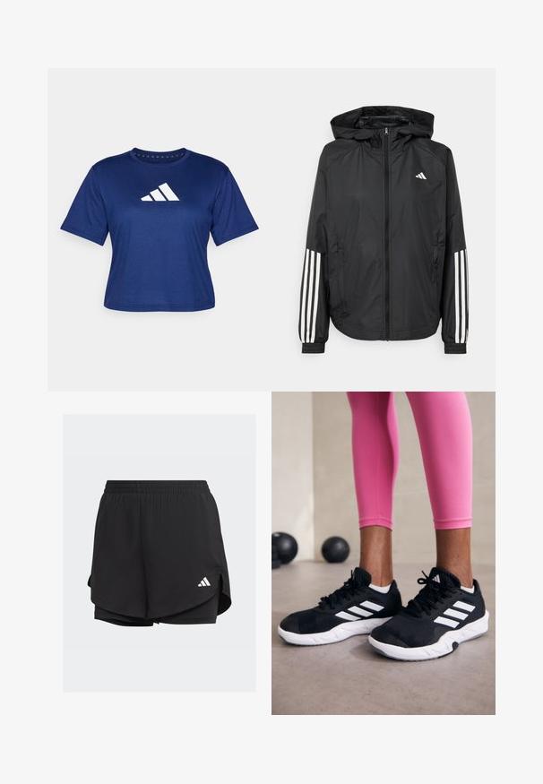 Black lightweight jacket with a hood, featuring a full zip front, elastic cuffs, and white three-stripe accents on sleeves.; Navy blue athletic t-shirt made of lightweight fabric, featuring short sleeves and a white logo with three diagonal stripes on the front.; Black athletic shorts with an elastic waistband, layered design, inner fitted shorts, and a white logo on the lower left side.; Black athletic shoes with white stripes, textured mesh upper, and a white sole. Worn with pink leggings, showcasing training apparel.