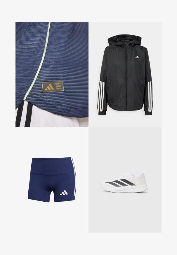 Černá lehká bunda s kapucí, která má plný zip vpředu, elastické manžety a bílé třípruhové akcenty na rukávech.; Námořnické sportovní tričko s texturovaným vzorem, zvýrazněné světle zeleným lemem a štítkem s licencí Adidas se zlatým logem.; Tmavě modré sportovní šortky s těsným střihem, vyrobené z hladké látky, s bílými bočními pruhy a logem na dolní levé straně.; Bílé sportovní tenisky s černými diagonálními pruhy, síťovaným svrškem, zaoblenou špičkou a texturovanou podrážkou. Zajímavosti zahrnují stříbrnou patu a minimalistický design.