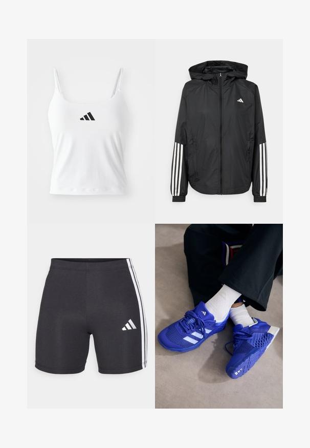 Schwarze, leichte Jacke mit Kapuze, die einen durchgehenden Reißverschluss, elastische Bündchen und weiße dreistreifige Akzente an den Ärmeln aufweist.; Weißes Tanktop mit dünnen Trägern, das ein schwarzes adidas-Logo auf der Vorderseite hat. Der Stoff hat eine glatte Textur und eine enganliegende Silhouette.; Schwarze sportliche Shorts aus dehnbarem Material, mit weißen Seitestreifen und einem Adidas-Logo am unteren rechten Bein. Glatte Textur.; Königsblaue Sportschuhe mit weißen Akzenten; Netz-Obermaterial, strukturierte Seiten, dicker Gummisohle und detailliertem Schnürsystem.