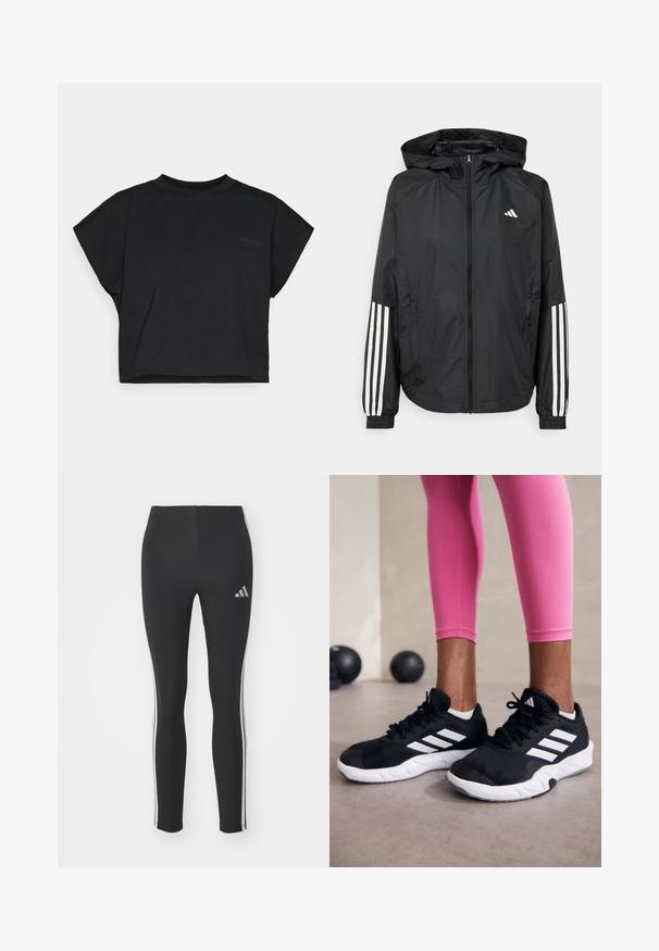 Black lightweight jacket with a hood, featuring a full zip front, elastic cuffs, and white three-stripe accents on sleeves.; Black cropped t-shirt made of soft cotton with short sleeves and a crew neckline. Features a subtle logo on the front.; Black leggings made of stretchy material with white side stripes and a small reflective logo on the upper left side.; Black athletic shoes with white stripes, textured mesh upper, and a white sole. Worn with pink leggings, showcasing training apparel.