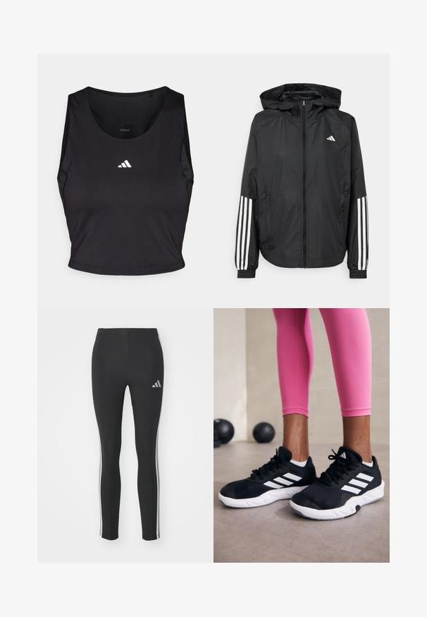 Giacca leggera nera con cappuccio, caratterizzata da una zip frontale completa, polsini elastici e accenti bianchi a tre strisce sulle maniche.; Crop top sportivo nero realizzato in tessuto traspirante, con collo rotondo, senza maniche e logo bianco sul petto.; Leggings neri realizzati in materiale elasticizzato, con strisce bianche ai lati e un piccolo logo riflettente nella parte superiore sinistra.; Scarpe da ginnastica nere con strisce bianche, parte superiore in mesh testurizzato e suola bianca. Indossate con leggings rosa, a mostrare abbigliamento per l'allenamento.
