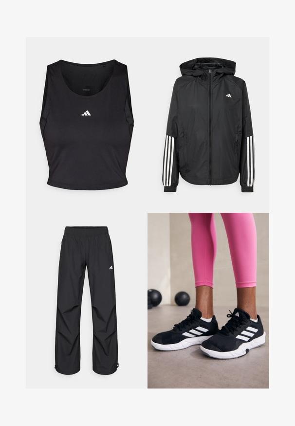 Černá lehká bunda s kapucí, která má plný zip vpředu, elastické manžety a bílé třípruhové akcenty na rukávech.; Černý sportovní crop top vyrobený z látky odvádějící vlhkost, s kulatým výstřihem, bez rukávů a bílým logem na hrudi.; Černé, lehké, voděodolné kalhoty s elastickým pasem, bočními kapsami a nastavitelnými manžetami. Na levém stehně je bílá značka.; Černé sportovní boty s bílými pruhy, texturovaný síťovinový svršek a bílá podrážka. Nosené s růžovými legínami, které předvádějí tréninkové oblečení.