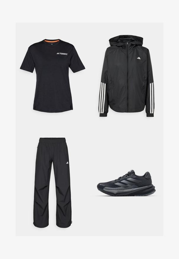 Zwarte lichtgewicht jas met een capuchon, met een volledige ritssluiting aan de voorkant, elastische manchetten en witte accenten met drie strepen op de mouwen.; Zwarte T-shirt met korte mouwen en ronde hals, met een subtiele heatherstructuur en een wit "TERREX" logo aan de bovenlinkerkant.; Zwarte, lichtgewicht, waterdichte broek met een elastische tailleband, zijzakken en verstelbare boorden. Voorzien van een wit logo op de linker bovenbeen.; Zwarte sportieve schoen met een gestructureerde mesh bovenkant, reflecterende accenten, een gevoerde zool en een gestroomlijnd ontwerp. Beschikt over het logo met drie strepen.