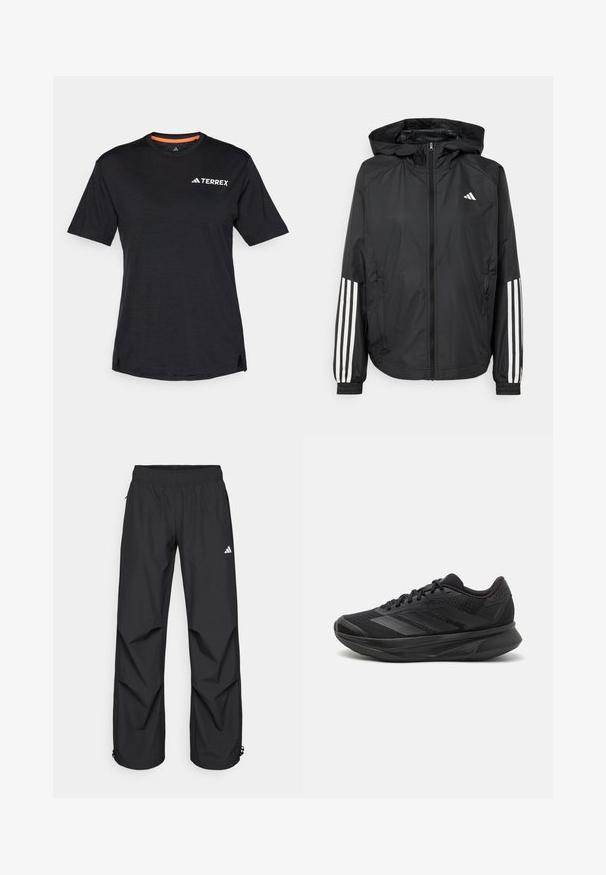 Zwarte lichtgewicht jas met een capuchon, met een volledige ritssluiting aan de voorkant, elastische manchetten en witte accenten met drie strepen op de mouwen.; Zwarte T-shirt met korte mouwen en ronde hals, met een subtiele heatherstructuur en een wit "TERREX" logo aan de bovenlinkerkant.; Zwarte, lichtgewicht, waterdichte broek met een elastische tailleband, zijzakken en verstelbare boorden. Voorzien van een wit logo op de linker bovenbeen.; Zwarte hardloopschoen met een ademende mesh bovenkant, ronde neus, slank ontwerp, textuuraccenten en een gevoerde zool voor comfort.